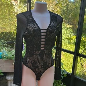 Sexy sheer black cage front body suit‎ lace